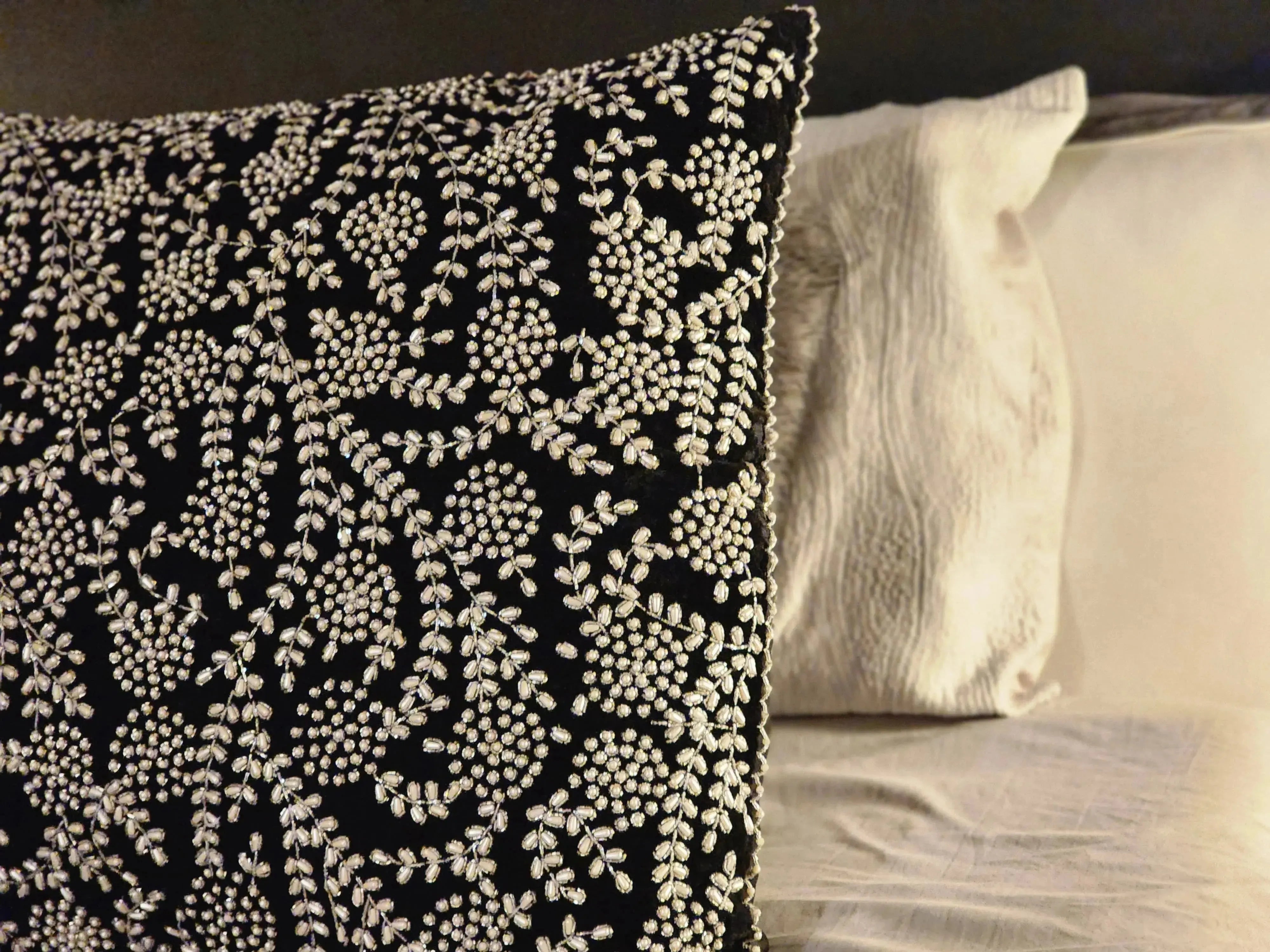 Handmade Beaded Cushion Black & Silver With Pearl - Handmade Stories