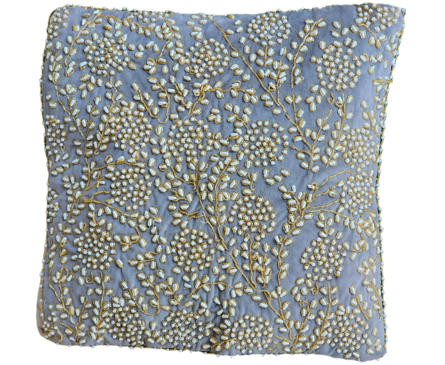 Handmade velvet Cushion Cover (Grey gold and pearl)