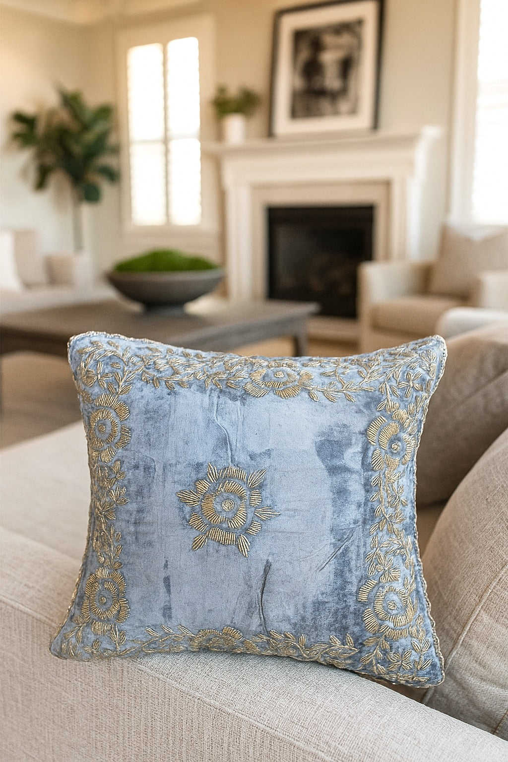 Handmade velvet Cushion Cover (Light blue and Silver) - Handmade Stories