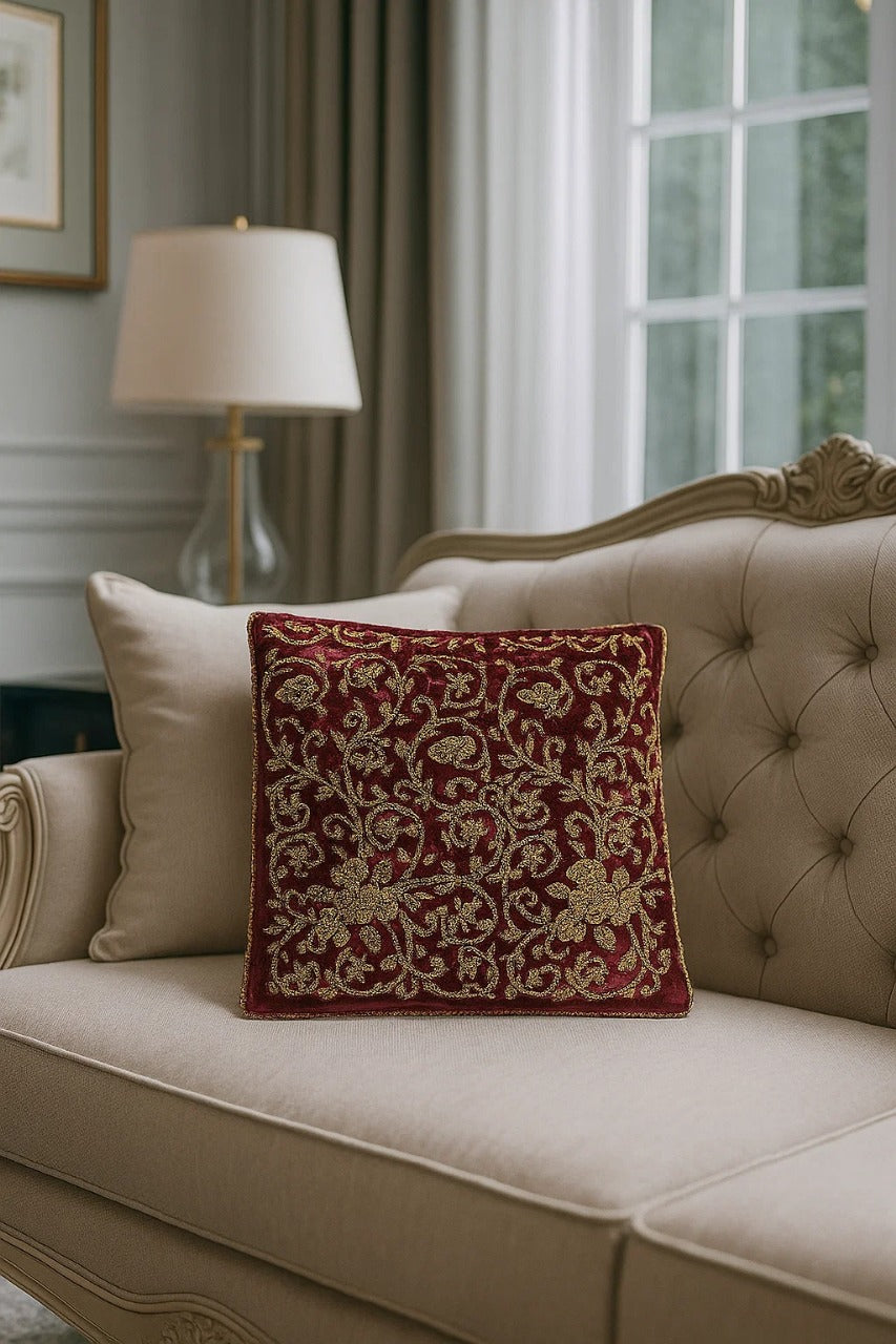 Handmade Velvet Cushion Cover (Burgundy and Gold) - Front view
