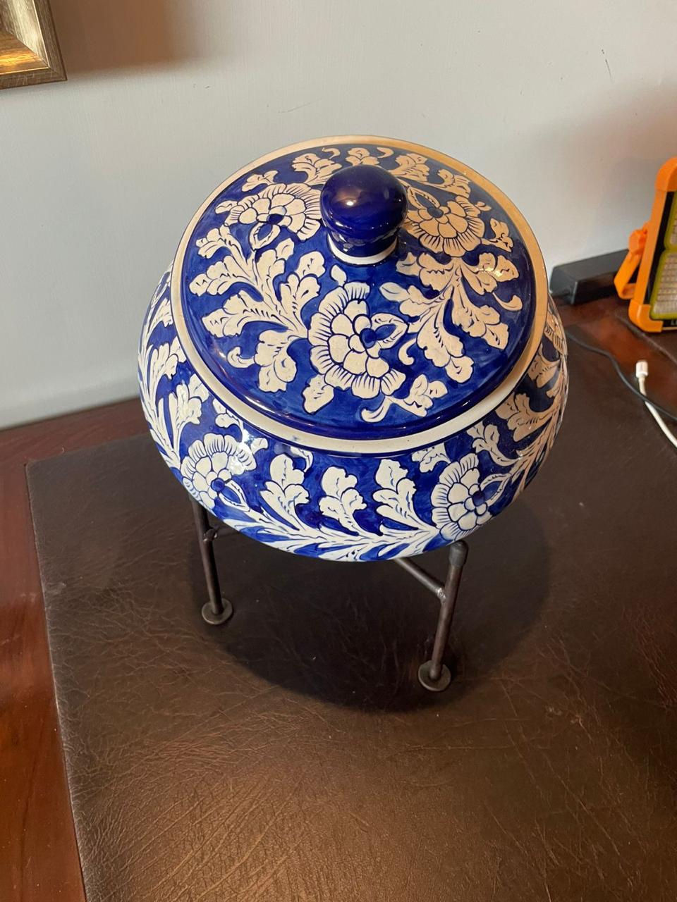 Handmade Ceramic Serving pot- Handi ( with stand) - Blue