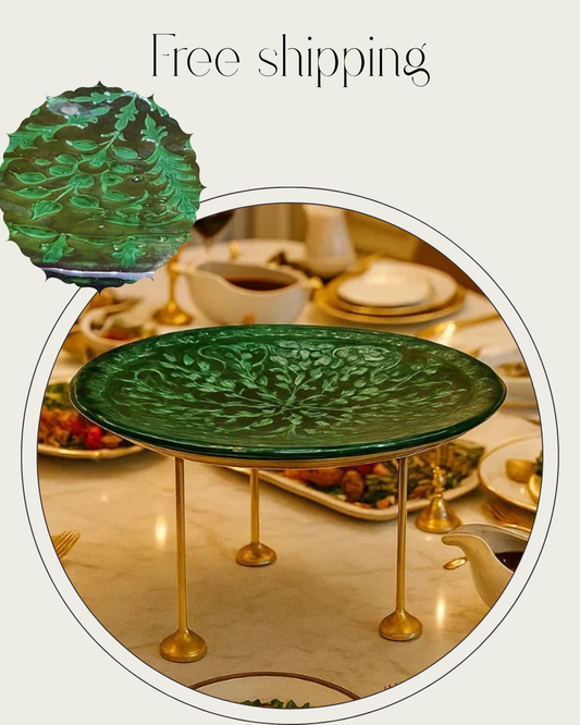 Hand-Painted Emerald Green Serving dish with stand