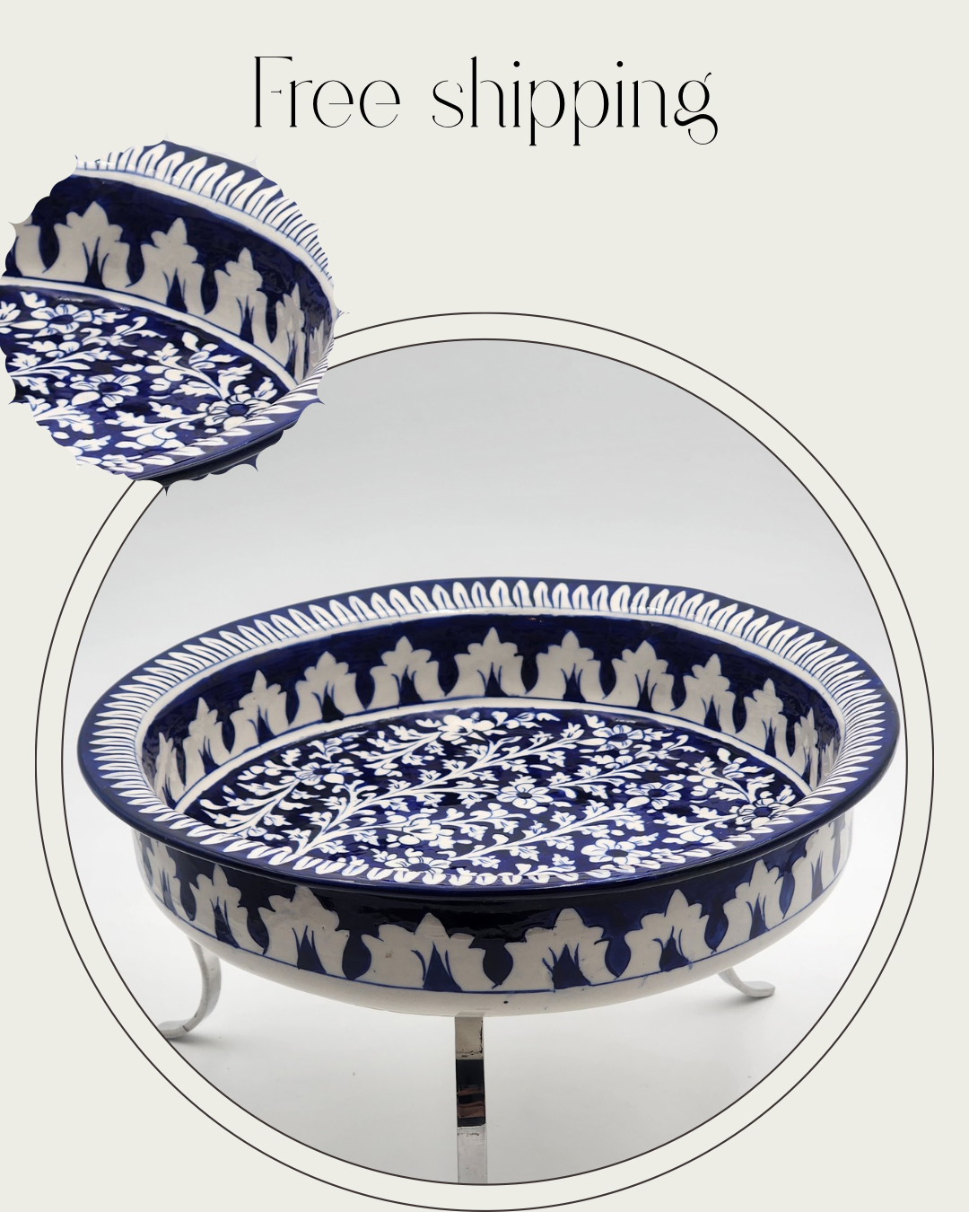 Hand-painted ceramic serving dish with stand (Blue)