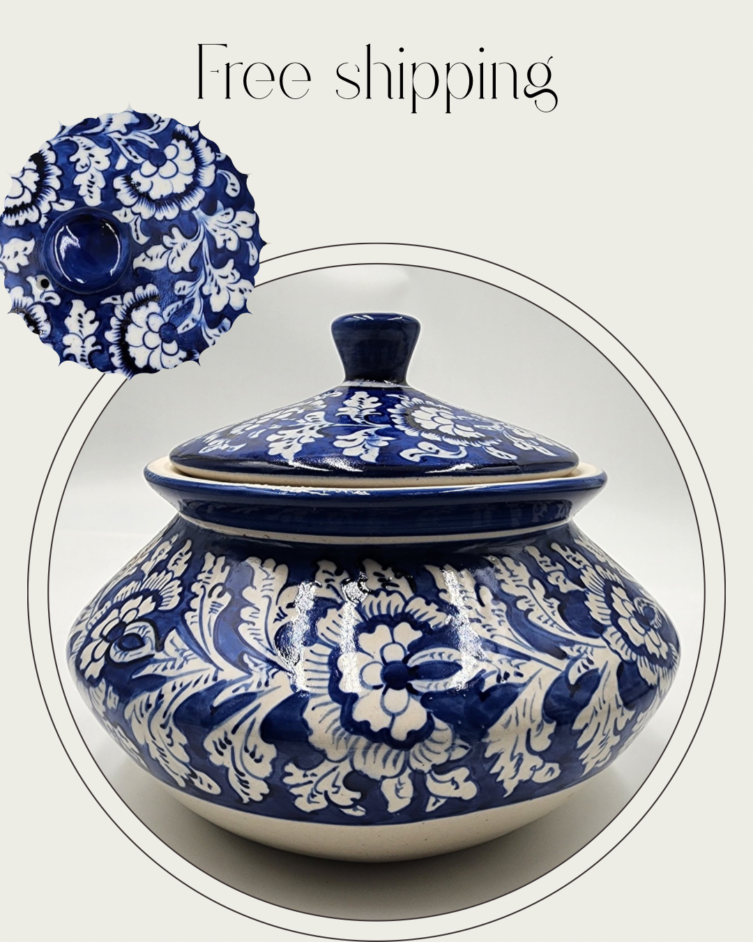 Handmade Ceramic Serving pot- Handi ( with stand) - Blue