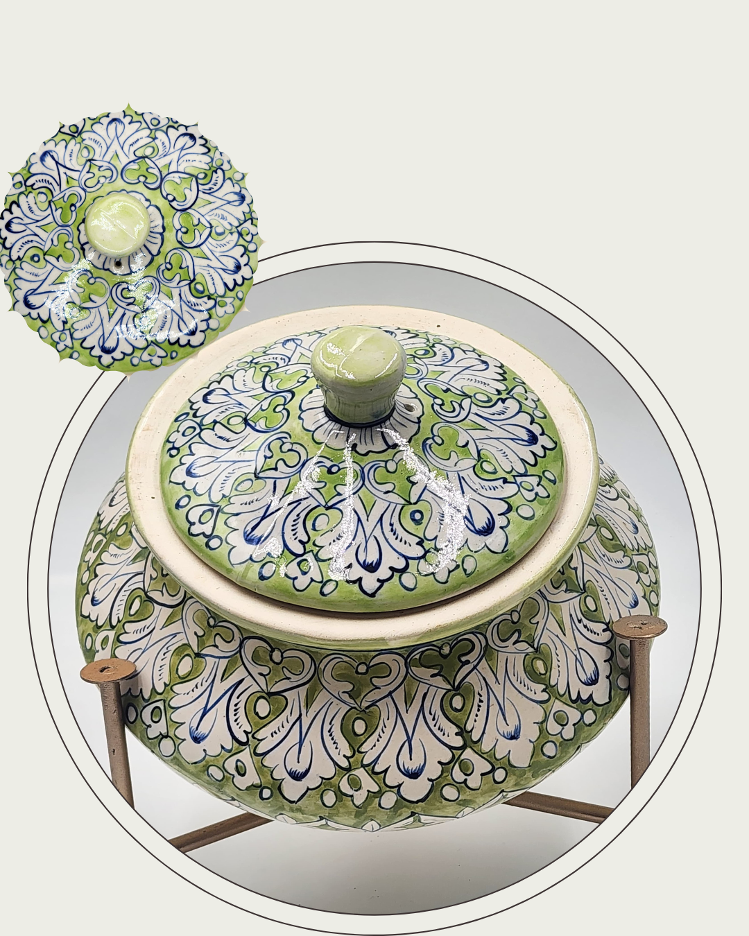 Handmade Ceramic serving pot- Handi with stand - Green