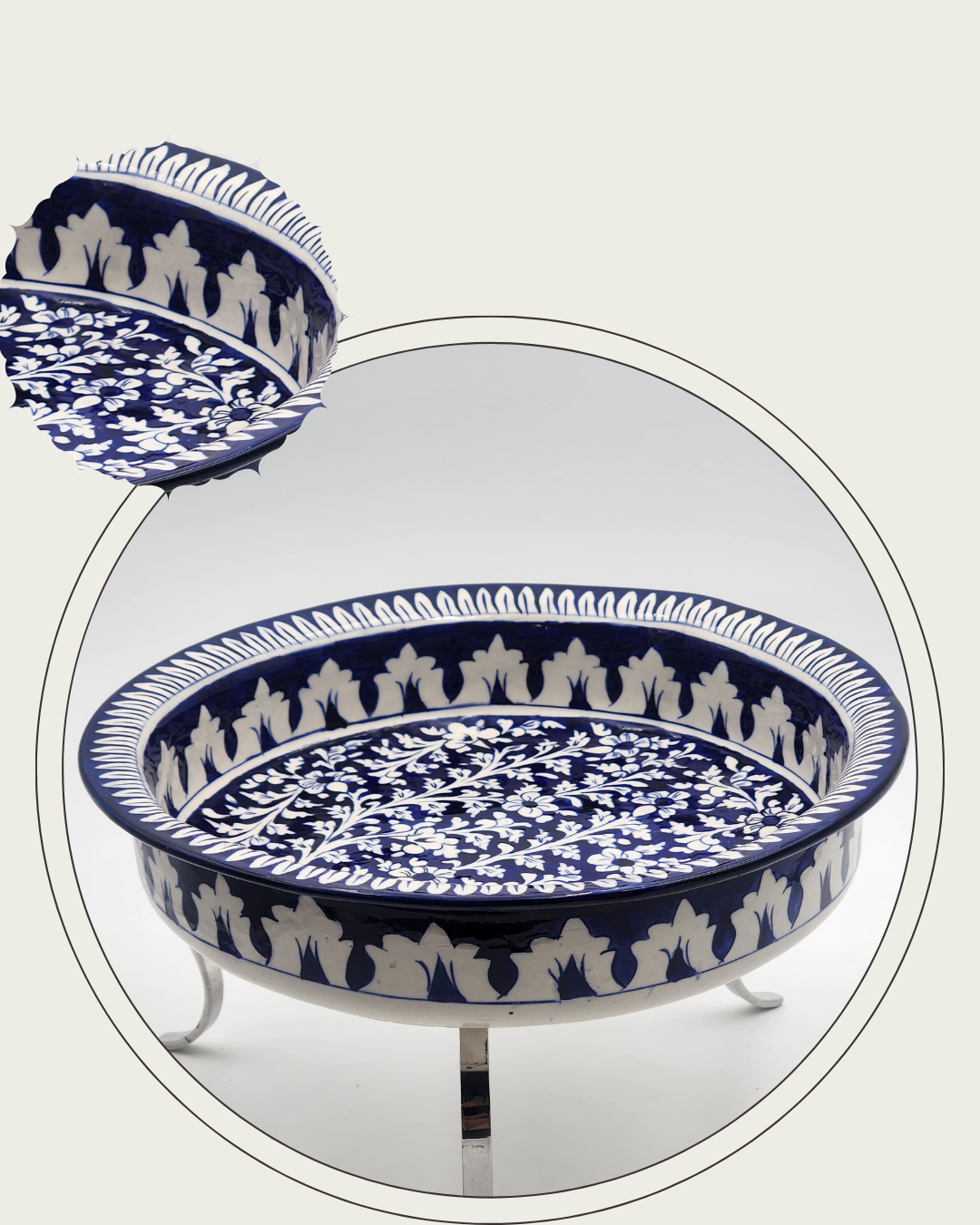 Hand-painted ceramic serving dish with stand (Blue)
