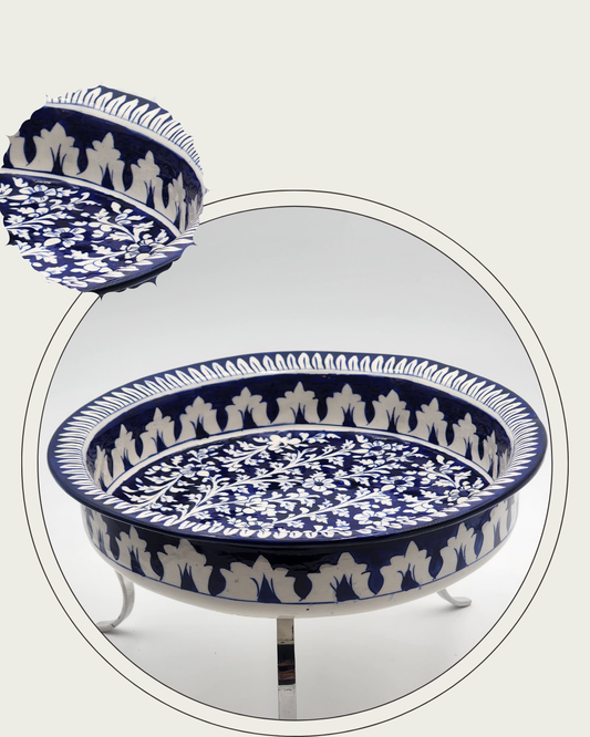 Hand-painted ceramic serving dish with stand (Blue)