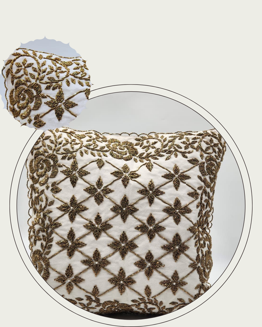 Handmade Velvet Cushion Cover (Ivory white and Gold) Design - 2