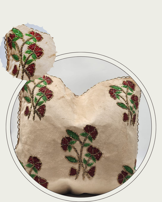 Handmade Velvet Cushion Cover (Beige Red and Green)