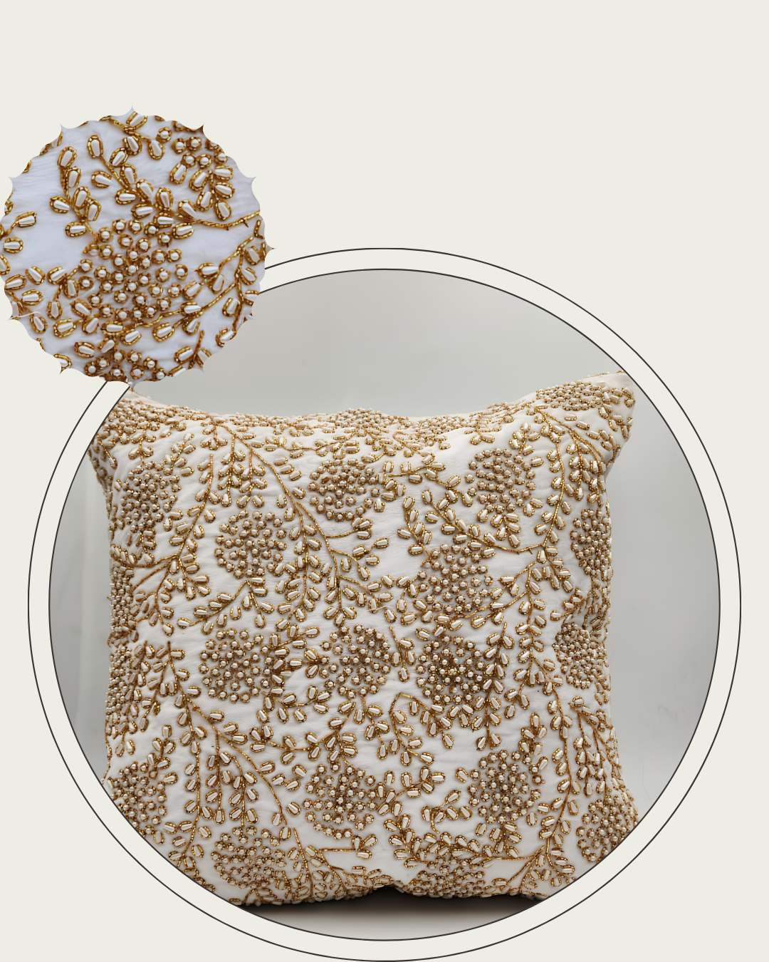 Handmade Velvet Cushion Cover (Pure White Gold and Pearl)