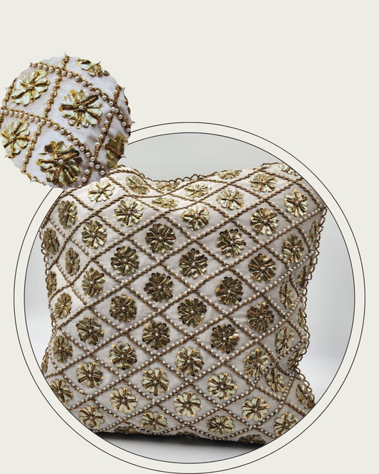 Handmade Velvet Cushion Cover (Ivory white and Gold)