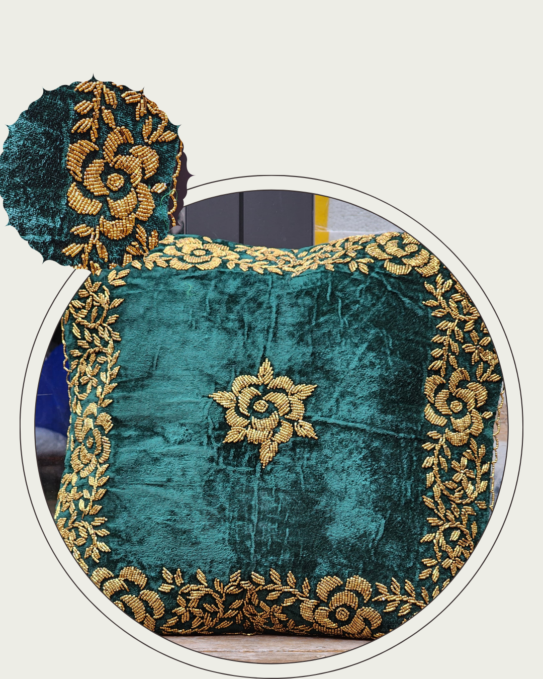 Handmade velvet Cushion Cover (Emerald Green and Gold) border