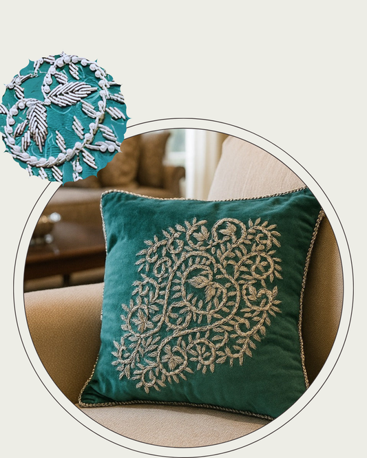 Handmade velvet Cushion Cover (Green and Silver)