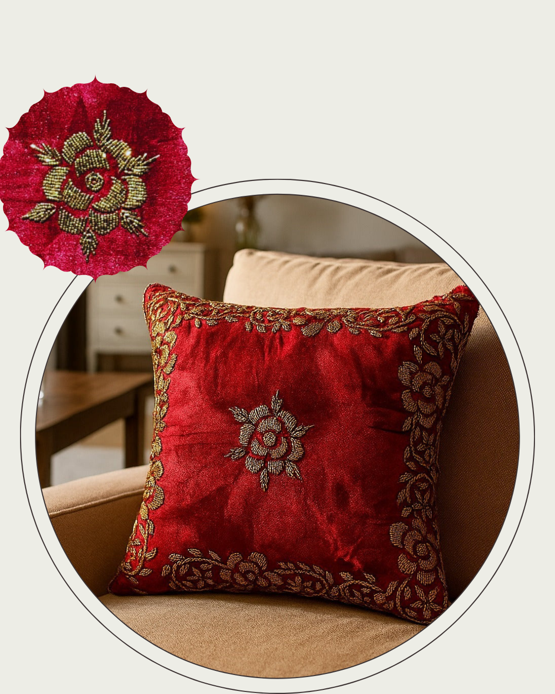 Handmade velvet Cushion Cover (Deep red and Gold)