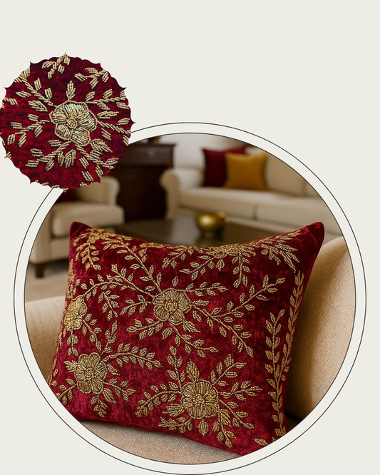 Handmade Velvet Cushion Cover (Maroon and Gold)