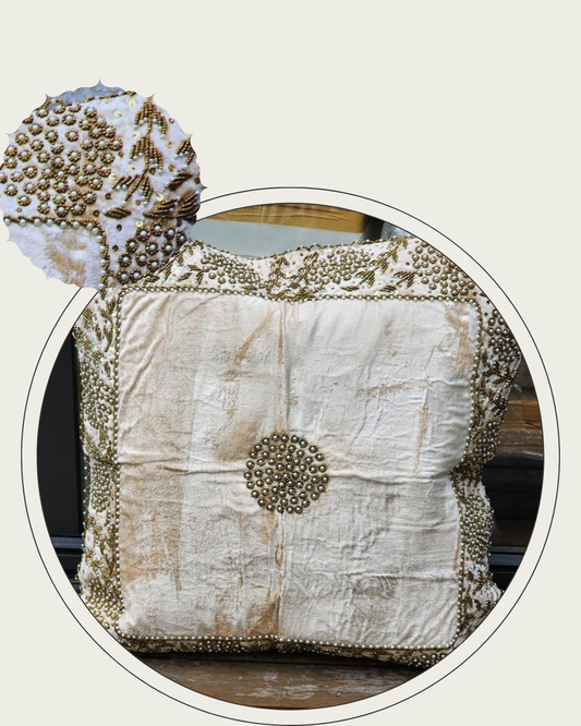 Handmade velvet Beaded Cushion (cream Beige and gold)