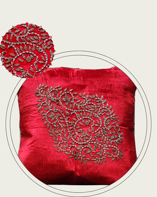Handmade Velvet Cushion Cover (Red and Gold) Design 2