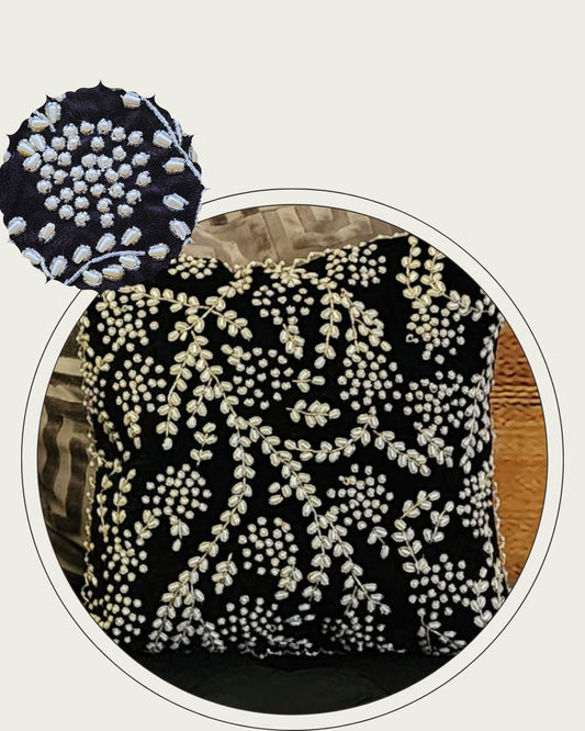 Handmade velvet Beaded Cushion (Black & Silver With Pearl)