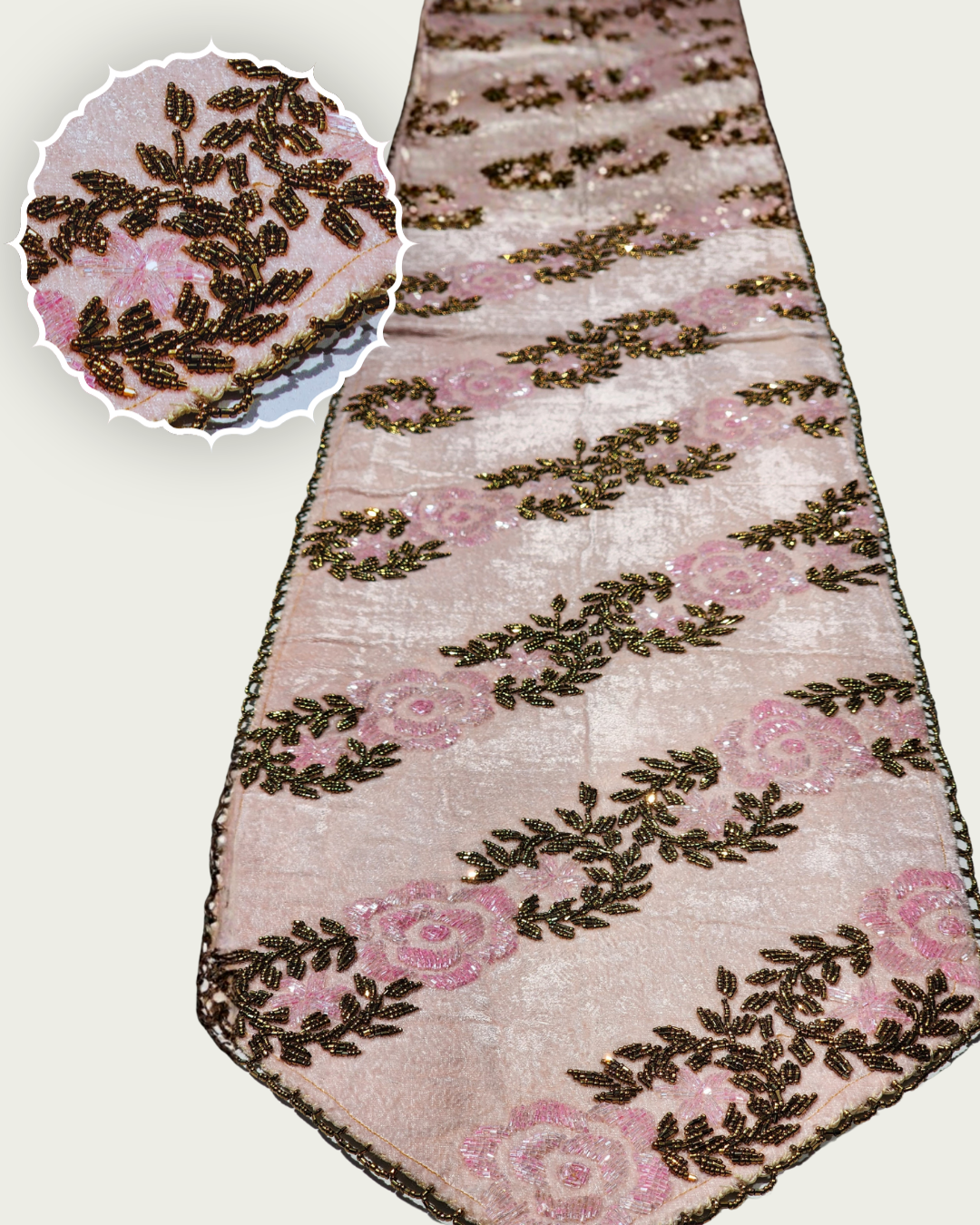 Handmade Beaded Table  Runner (Pink and Gold)