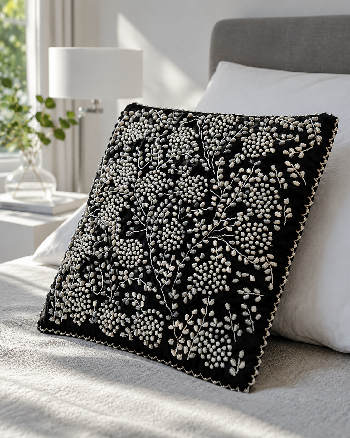 Handmade velvet Beaded Cushion (Black & Silver With Pearl)