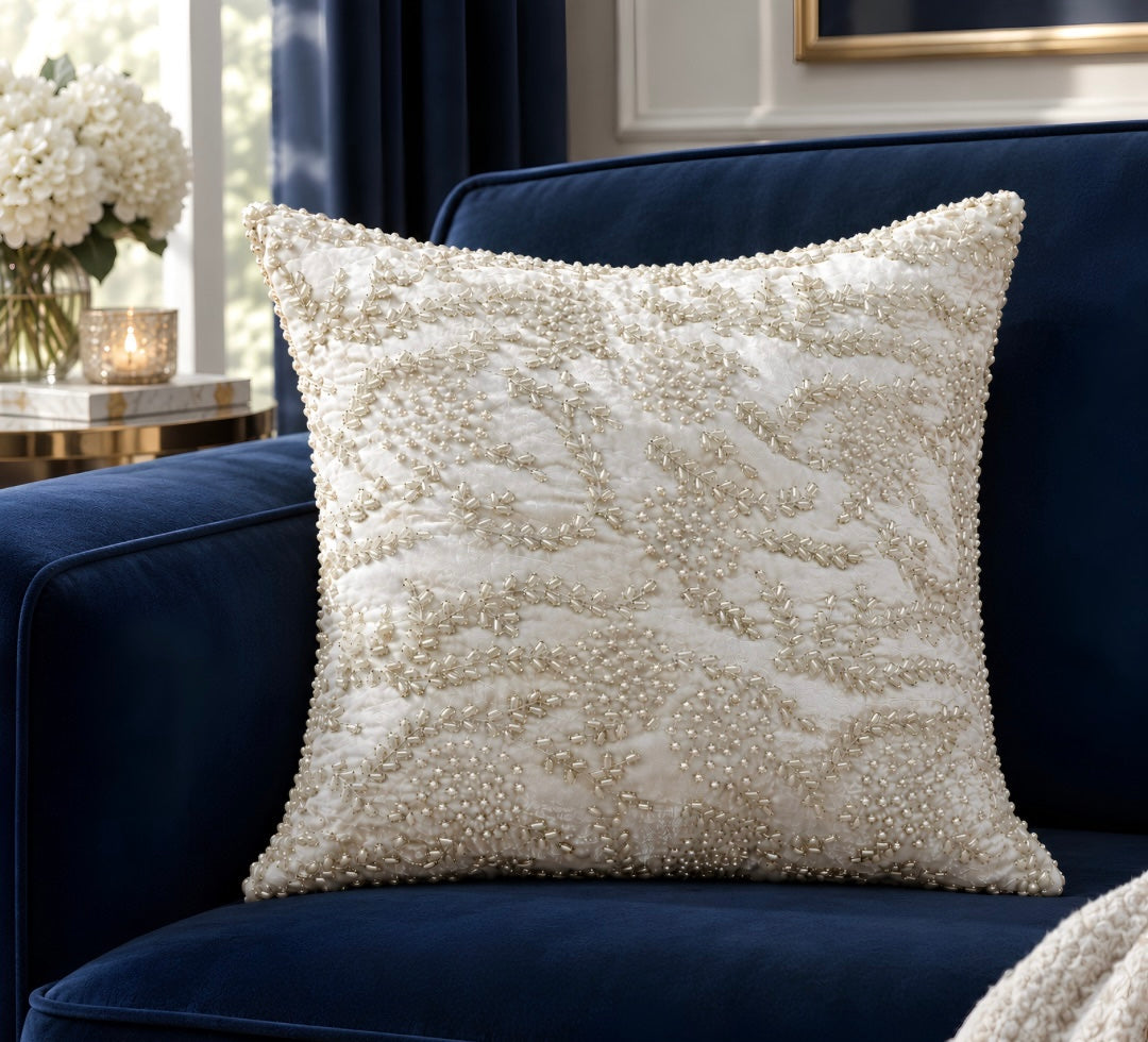 Handmade Velvet Cushion Cover (Pure White Silver and Pearl)