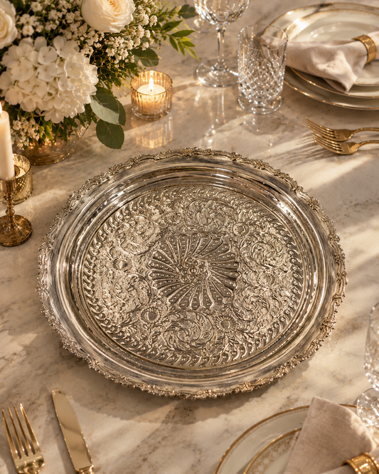 Handcarved Brass Round Serving Platter - 18 inch