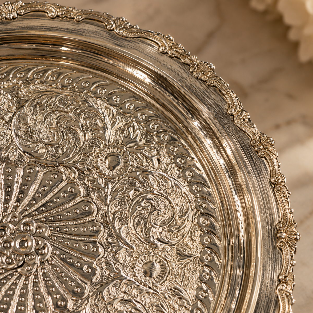 Handcarved Brass Round Serving Platter - 18 inch