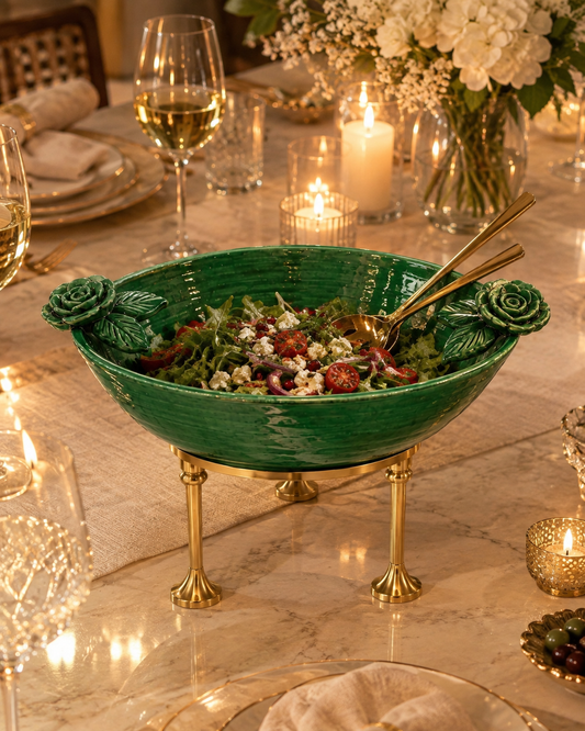 Ceramic serving platter with stand (Green)