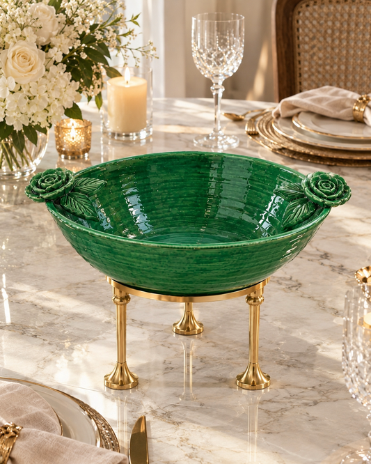 Ceramic serving platter with stand (Green)