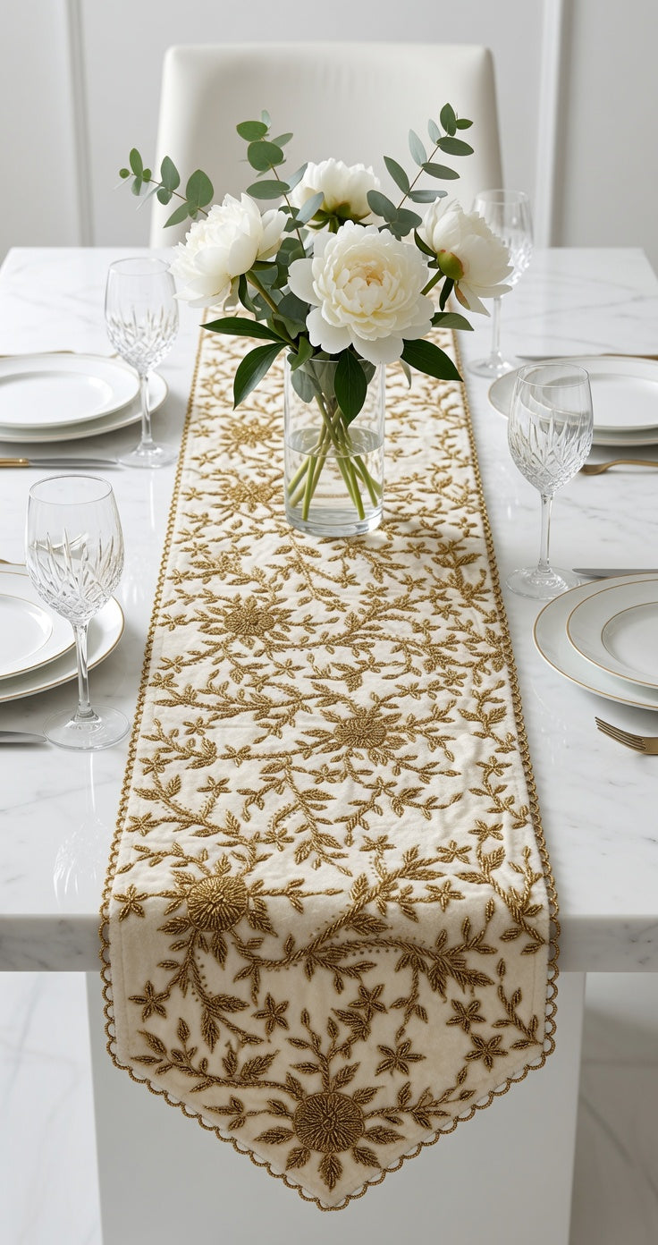 Handmade Beaded Table  Runner (Off white & gold)
