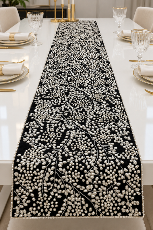 Handmade Table Runner (Black and Silver with Pearl)