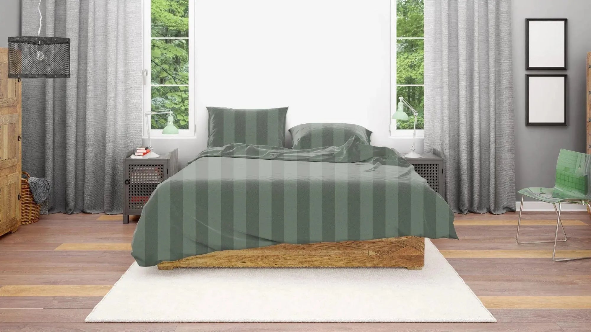 Premium Quality Bed Sheet With Flat Sheet (Stripe olive green) - Handmade Stories