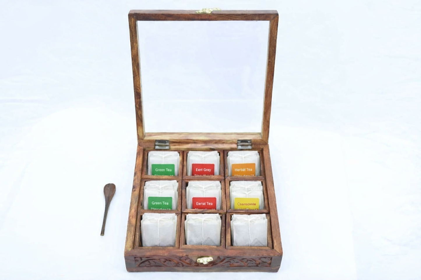Multi-Purpose Hand-carved Wooden Storage Box | Tea Bag Box, Spice Organiser or Jewellery Box