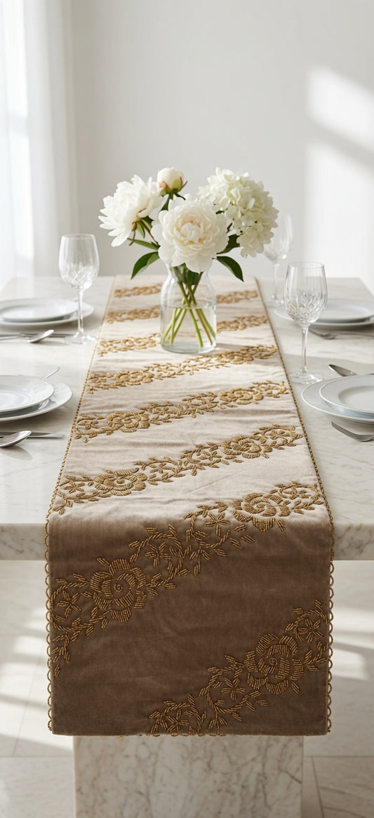 Handmade Beaded Runner - Greyish silver & Gold