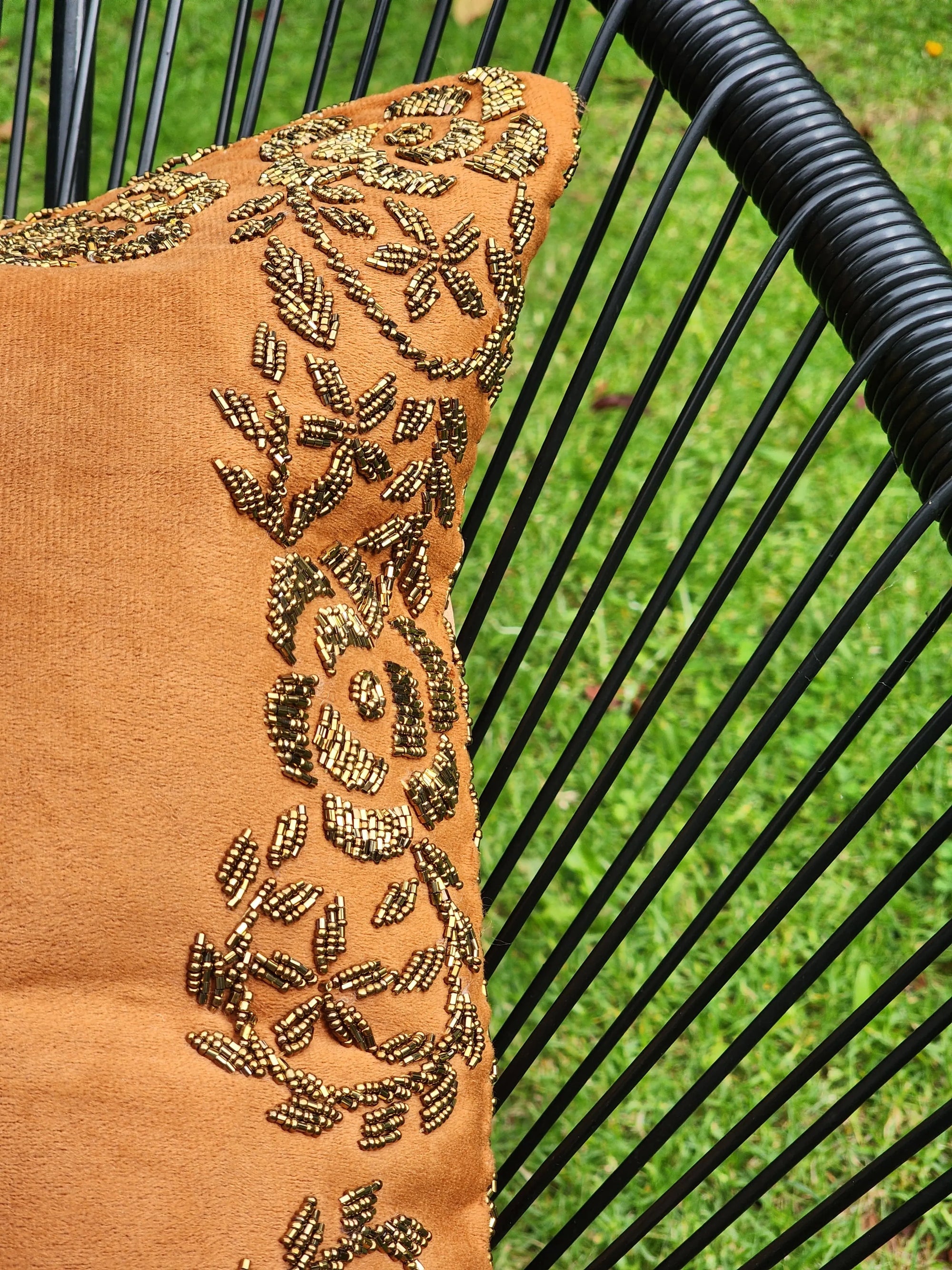 Handmade velvet Cushion Cover (Gold on Mustard)