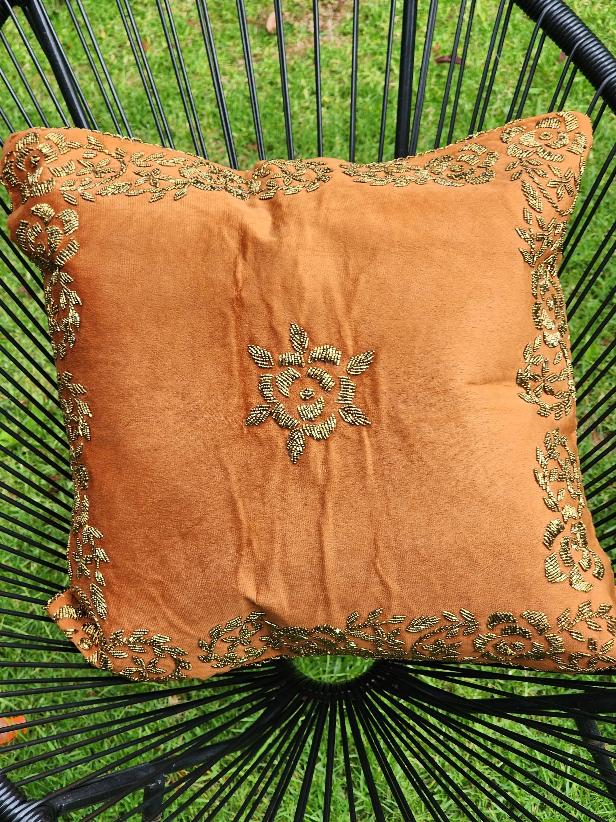 Handmade velvet Cushion Cover (Gold on Mustard)