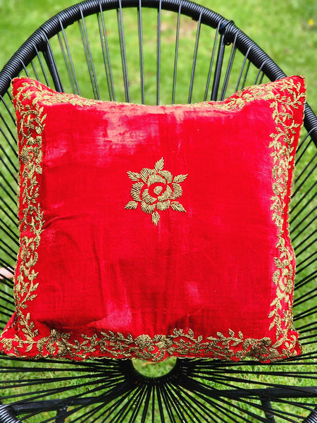 Handmade velvet Cushion Cover (Gold on Red)