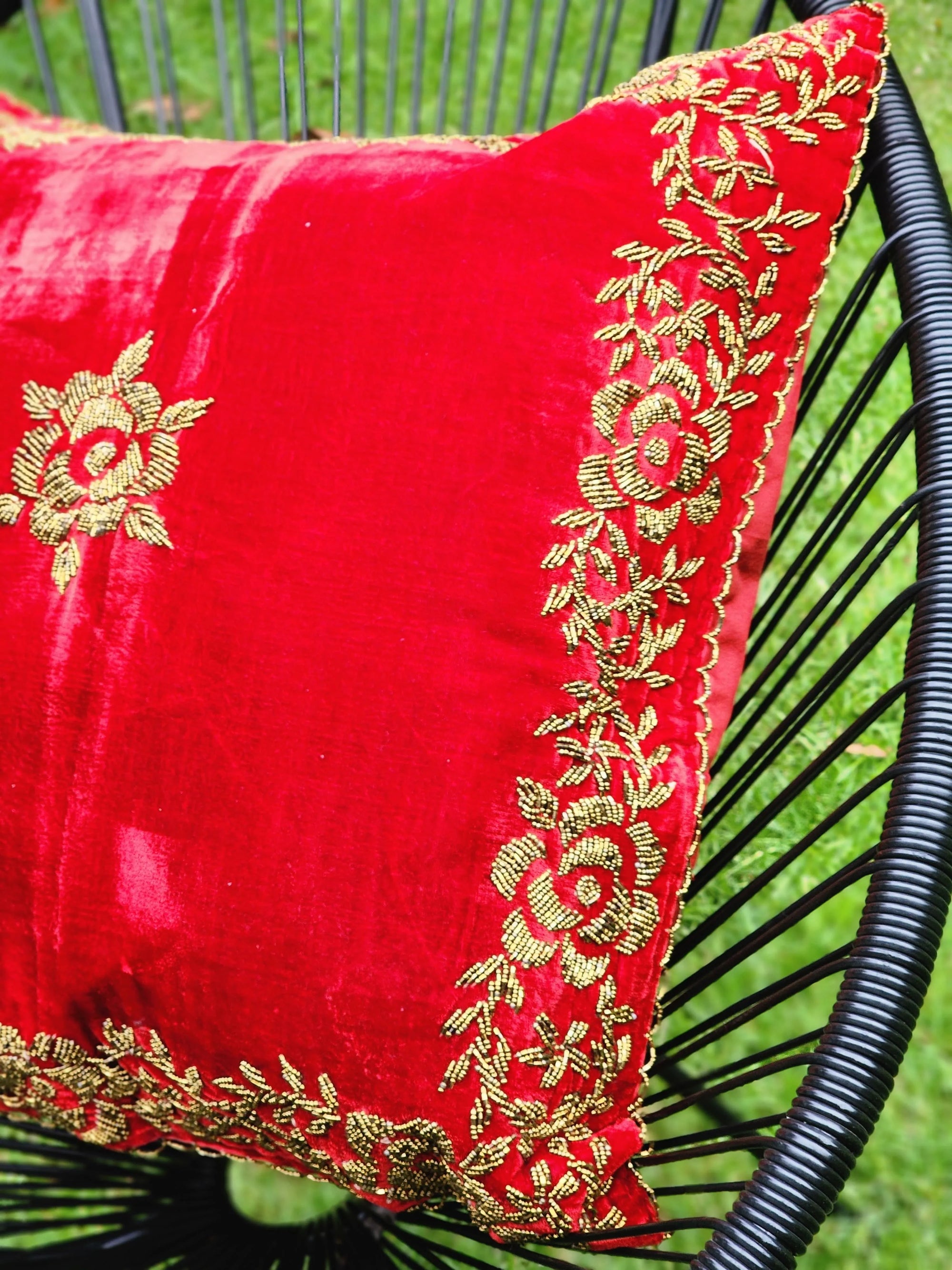 Handmade velvet Cushion Cover (Gold on Red)