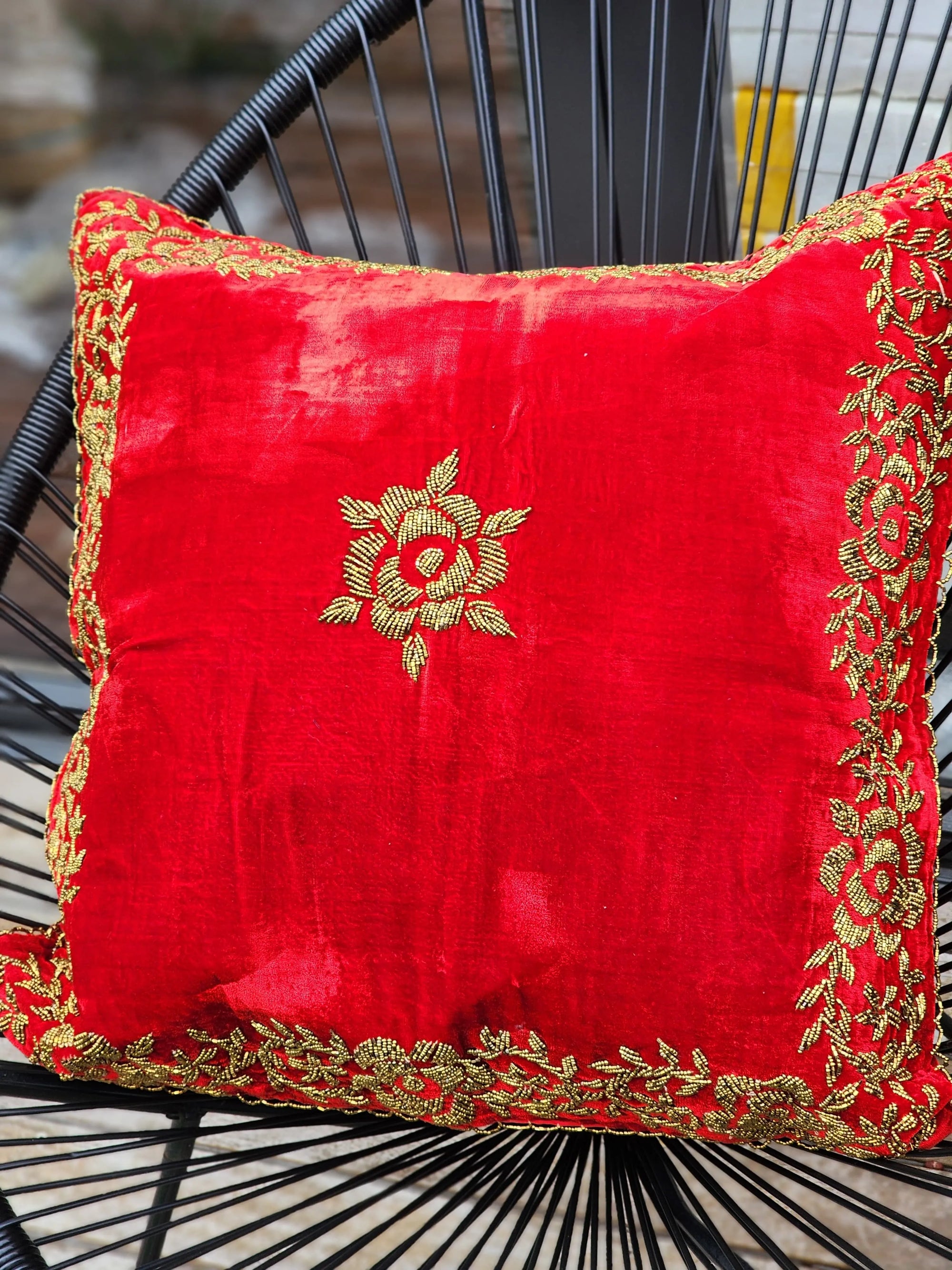 Handmade velvet Cushion Cover (Gold on Red)