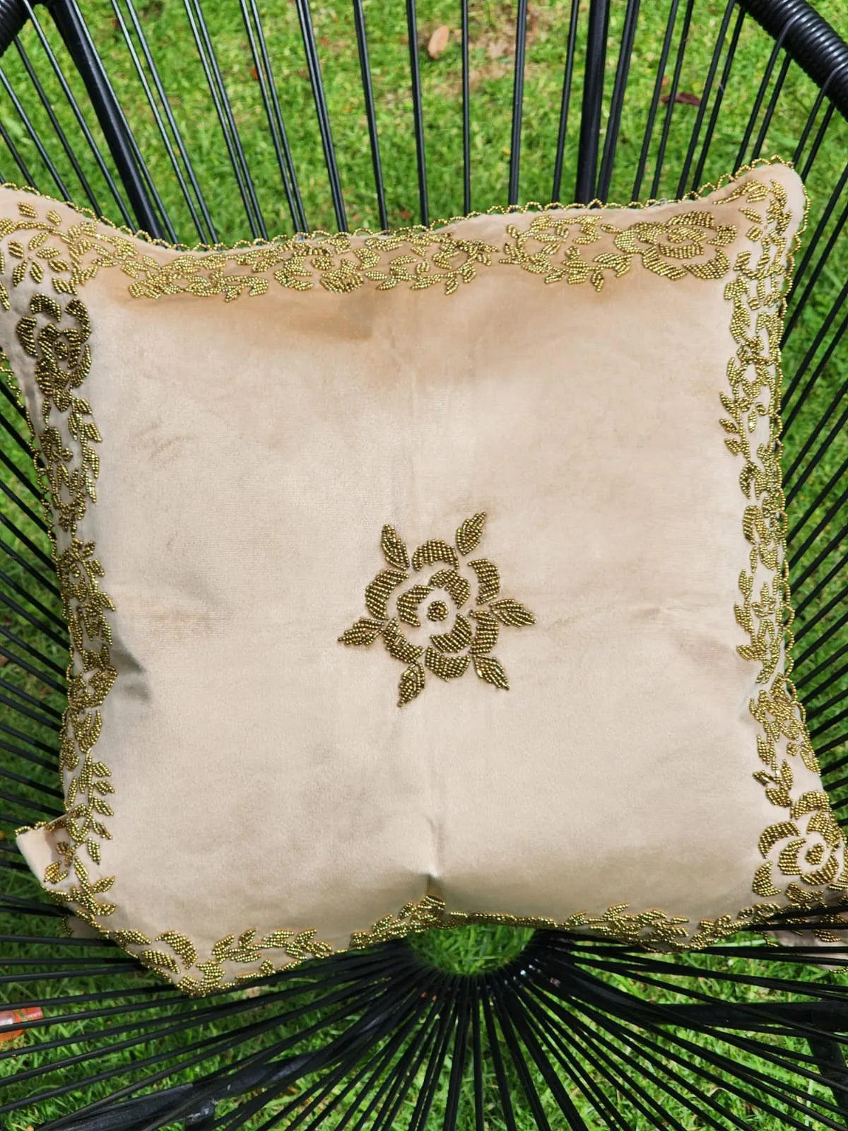 Handmade velvet Cushion Cover (Gold on beige)