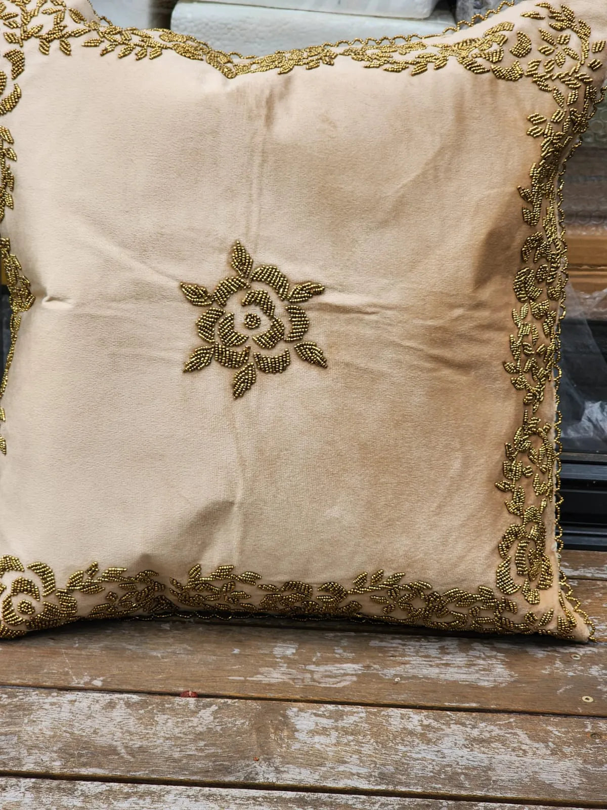 Handmade velvet Cushion Cover (Gold on beige)