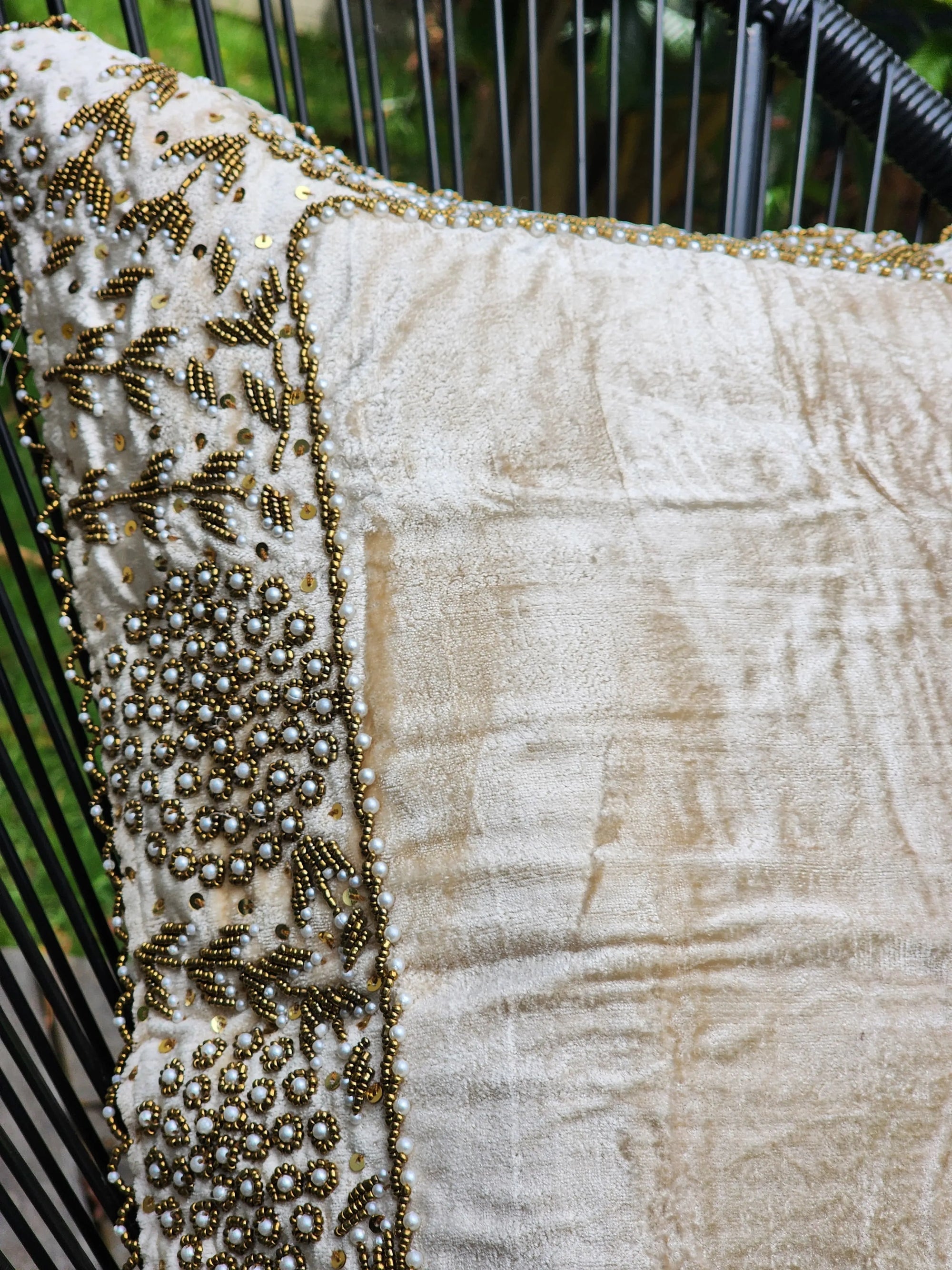 Handmade velvet beaded Cushion Cover ( Beige)