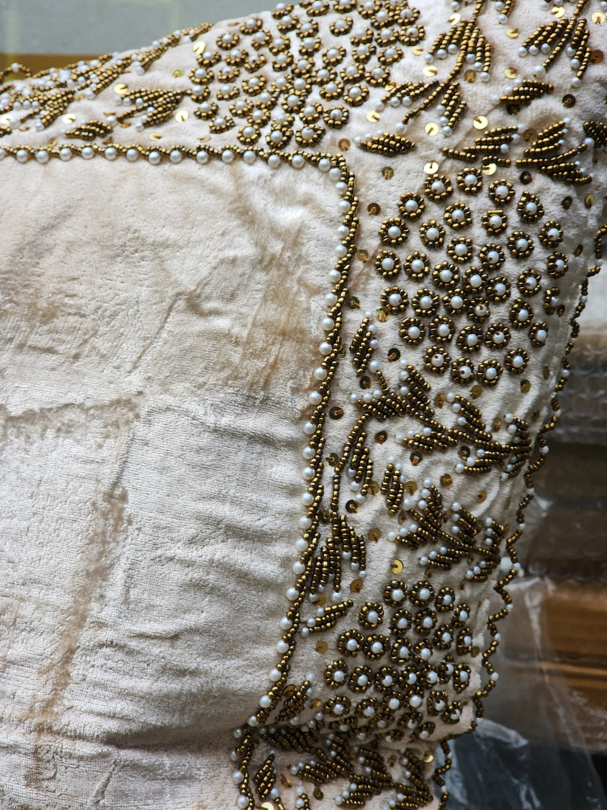 Handmade velvet beaded Cushion Cover ( Beige)