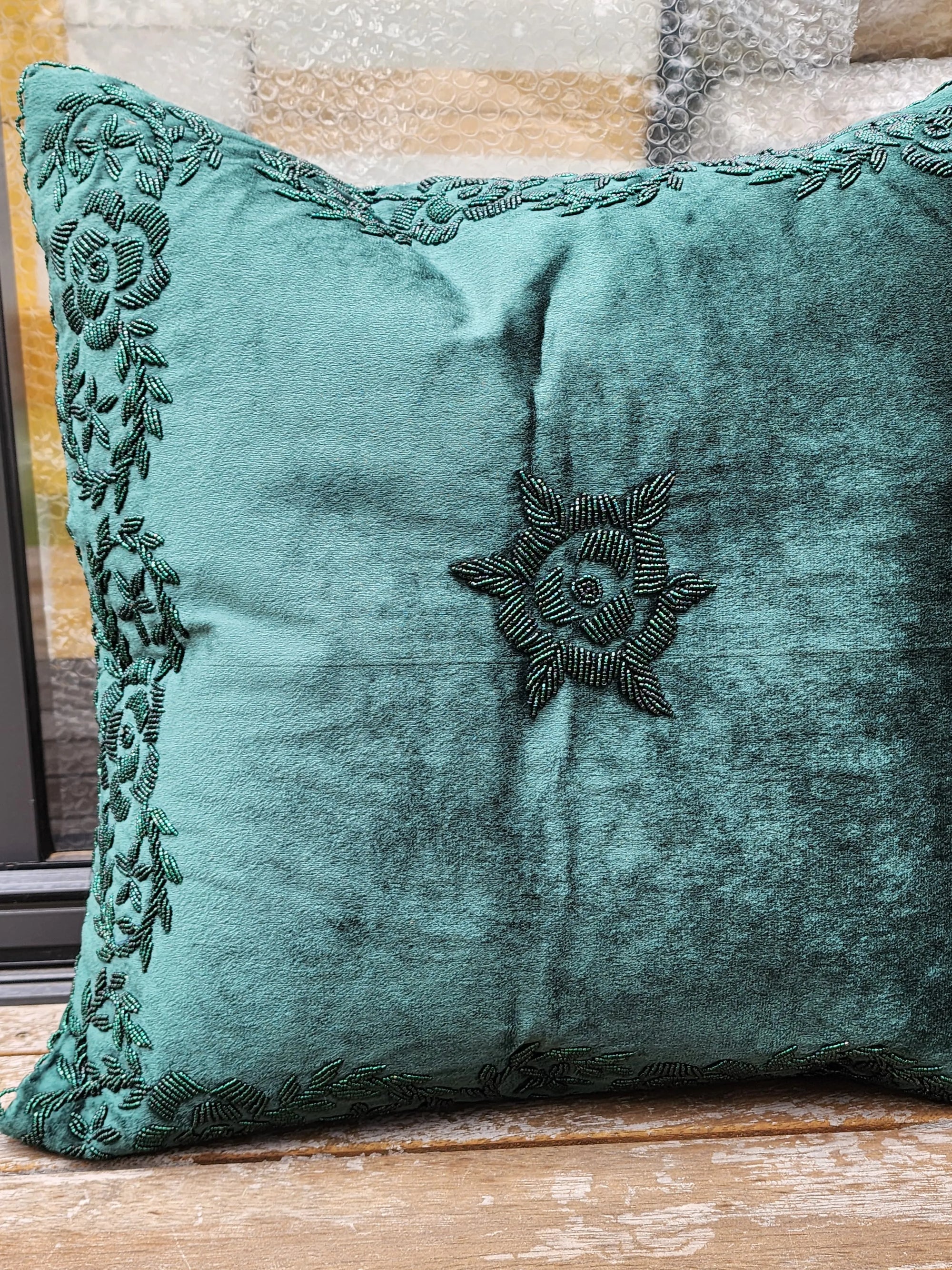 Handmade velvet Cushion Cover (Green on Green)