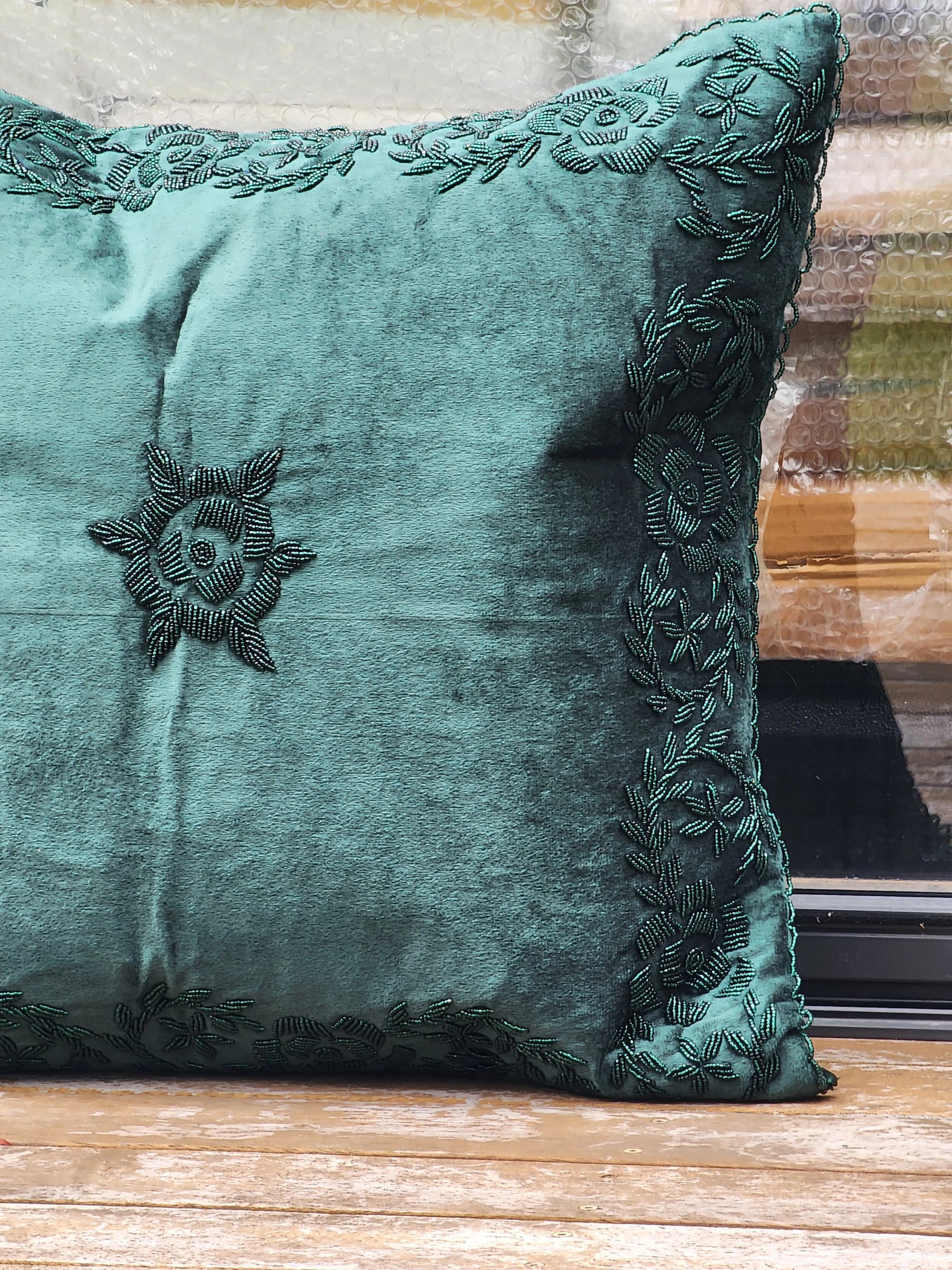 Handmade velvet Cushion Cover (Green on Green)