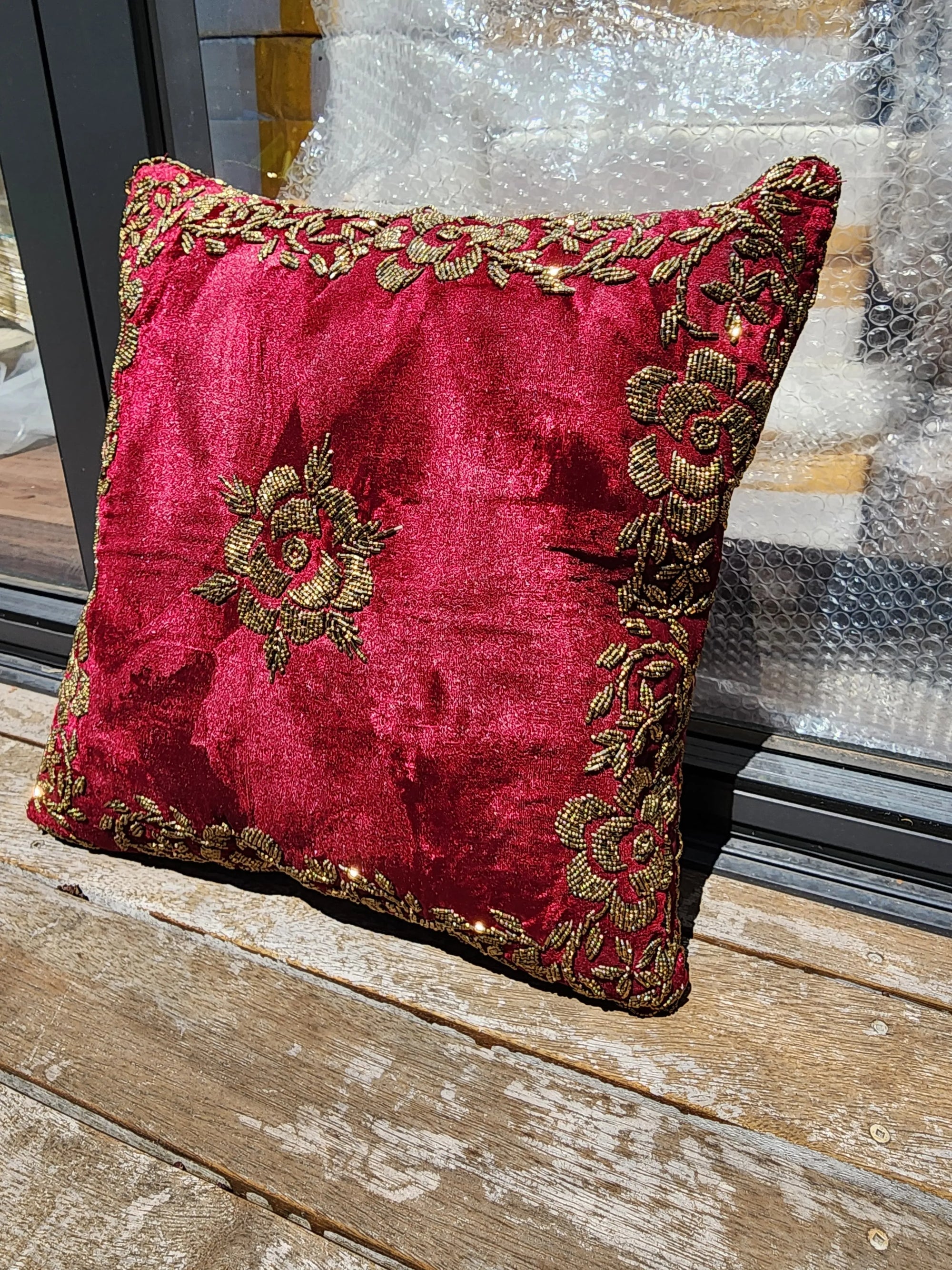 Handmade velvet Cushion Cover (Maroon and Gold)