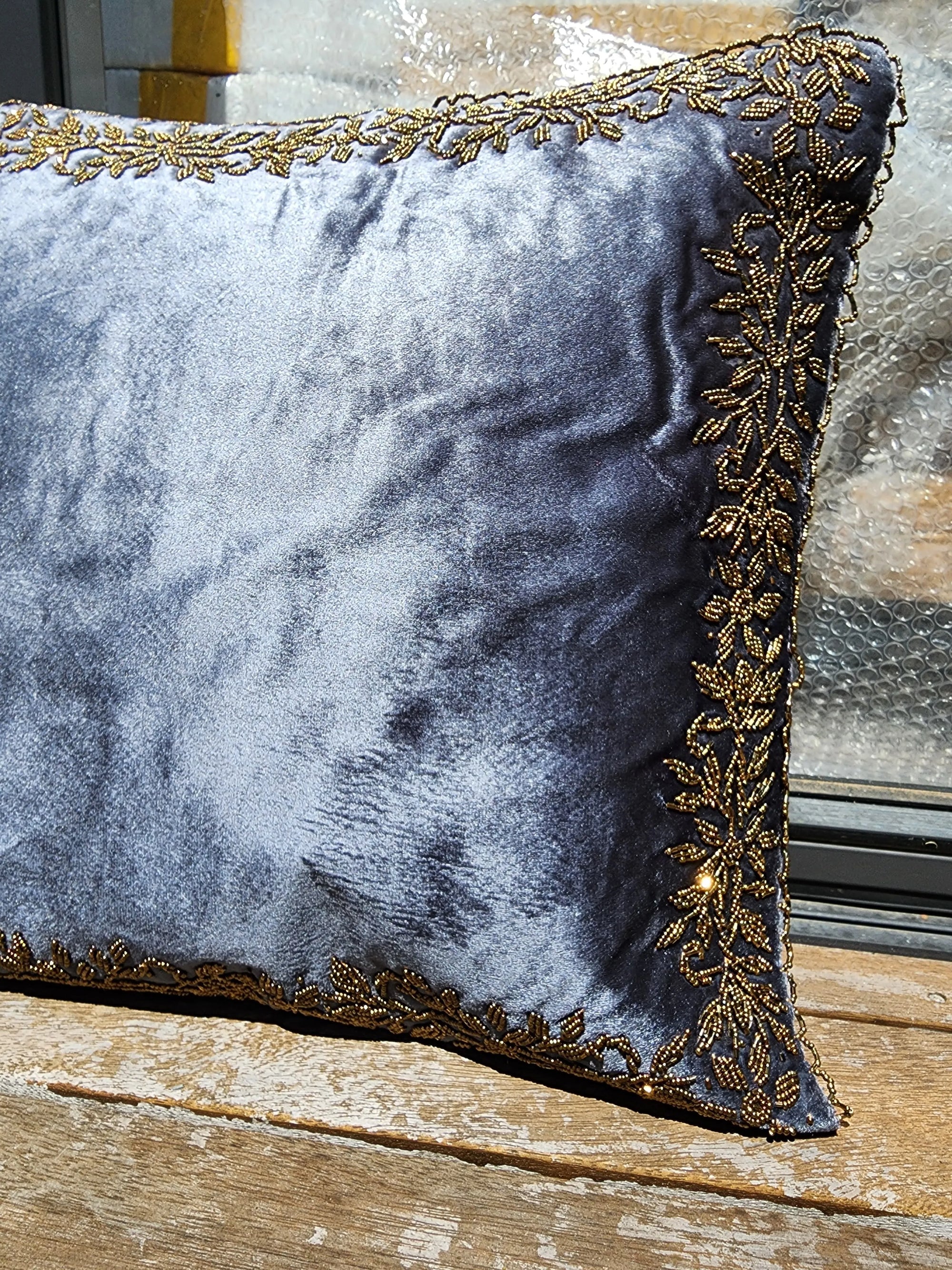 Handmade velvet Cushion Cover (Gray and Gold)