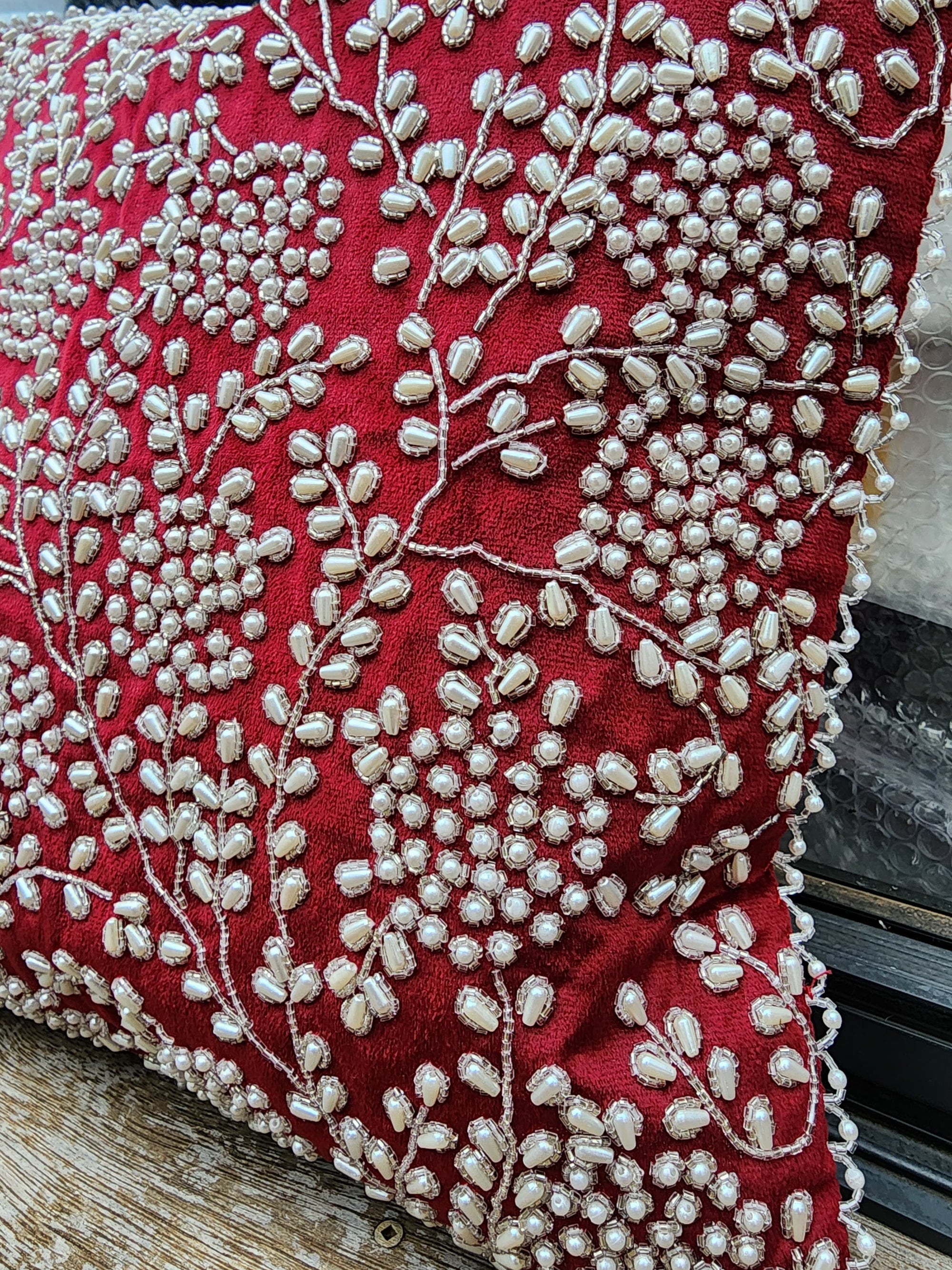 Handmade velvet Cushion Cover (Red & White Pearl)