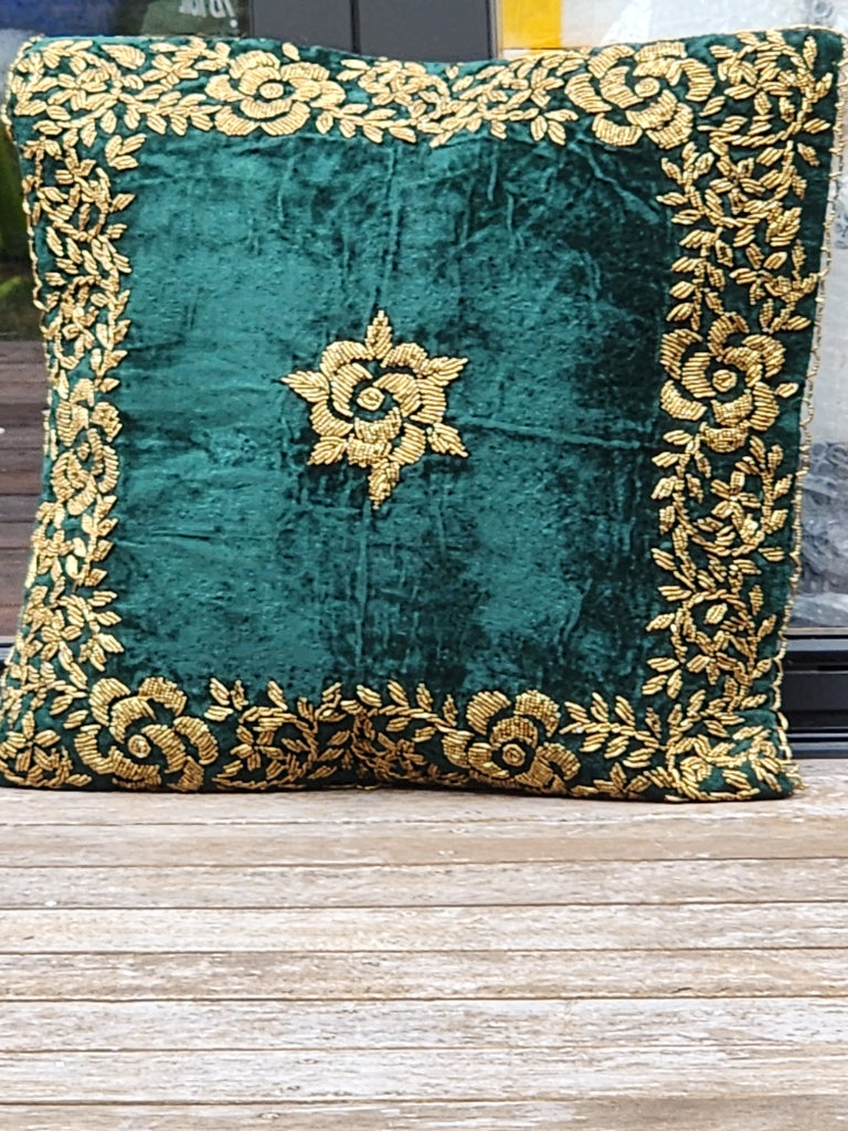 Handmade Traditional velvet Cushion Cover (Green and Gold)