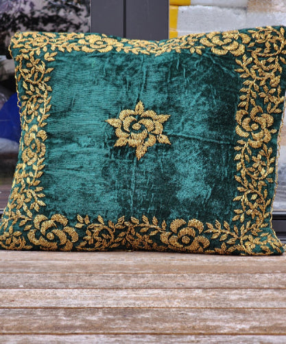 Handmade Traditional velvet Cushion Cover (Green and Gold)